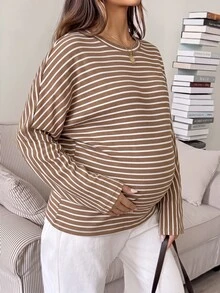 SHEIN Maternity Striped Casual Daily Long Sleeve T-Shirt Fall - Coffee Brown - View 7