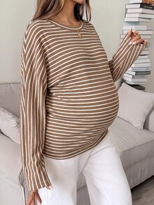 SHEIN Maternity Striped Casual Daily Long Sleeve T-Shirt Fall - Coffee Brown - View 4
