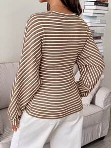 SHEIN Maternity Striped Casual Daily Long Sleeve T-Shirt Fall - Coffee Brown - View 2