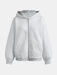 SHEIN 青少年女孩秋冬白色連帽夾克，灰色斑點印花拼接寬鬆長袖拉鍊運動外套，袋鼠口袋街頭風夾克 - 淺灰色 - 查看 3