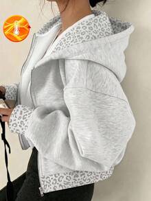 SHEIN 青少年女孩秋冬白色連帽夾克，灰色斑點印花拼接寬鬆長袖拉鍊運動外套，袋鼠口袋街頭風夾克 - 淺灰色 - 查看 1