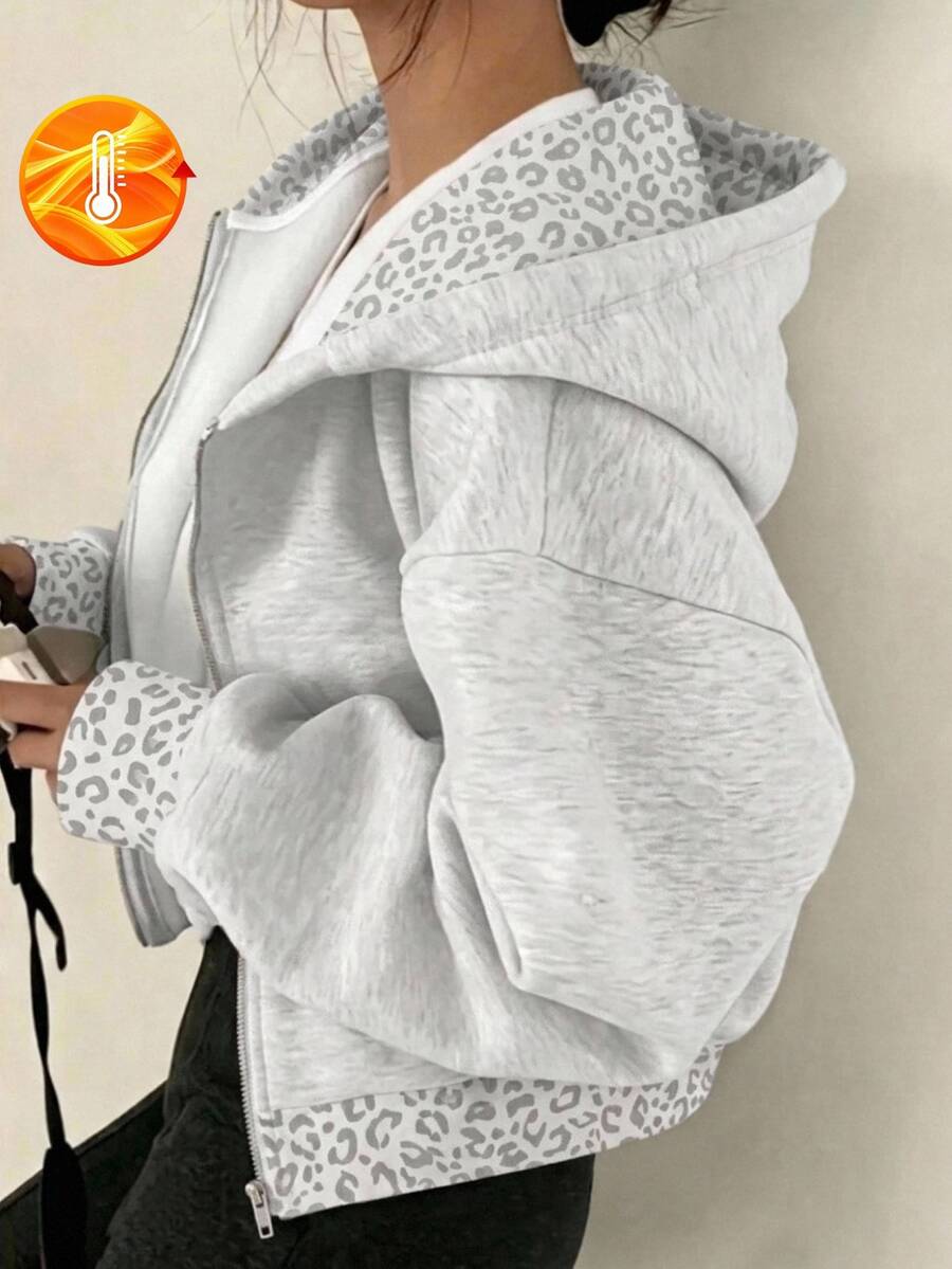 SHEIN 青少年女孩秋冬白色連帽夾克，灰色斑點印花拼接寬鬆長袖拉鍊運動外套，袋鼠口袋街頭風夾克 - 淺灰色 - 查看 1
