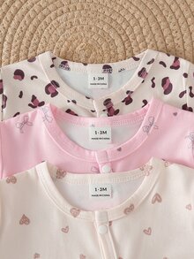 SHEIN 新生兒極簡時尚甜美可愛愛心圖案 3 件套長袖長版連身褲家居服 - 彩色 - 查看 6