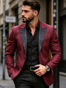 Manfinity Bizformal Men's Elegant Burgundy Suit Jacket, Shiny Contrast Lapel Blazer, Suitable For Various Formal Occasions - Burgundy - View 3