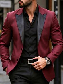 Manfinity Bizformal Men's Elegant Burgundy Suit Jacket, Shiny Contrast Lapel Blazer, Suitable For Various Formal Occasions - Burgundy - View 1