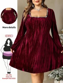 SHEIN CURVE+ Plus Size Christmas Rhinestone Decorated Flocked Dress - Red - View 6