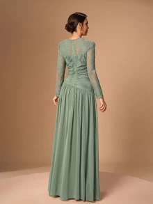 Serin Elegant Sage Green Rhinestone Beaded Lace Chiffon Sheer Ruched Draped Long Sleeve A Line Formal Autumn Wedding Guest Mother Of The Bride Evening Gown - Green - View 7