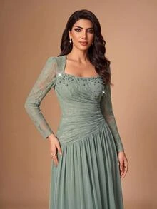 Serin Elegant Sage Green Rhinestone Beaded Lace Chiffon Sheer Ruched Draped Long Sleeve A Line Formal Autumn Wedding Guest Mother Of The Bride Evening Gown - Green - View 8