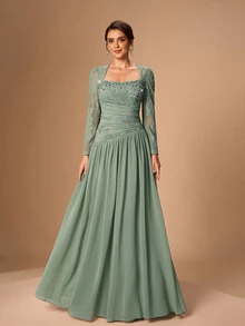 Serin Elegant Sage Green Rhinestone Beaded Lace Chiffon Sheer Ruched Draped Long Sleeve A Line Formal Autumn Wedding Guest Mother Of The Bride Evening Gown - Green - View 4