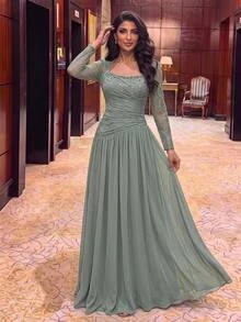 Serin Elegant Sage Green Rhinestone Beaded Lace Chiffon Sheer Ruched Draped Long Sleeve A Line Formal Autumn Wedding Guest Mother Of The Bride Evening Gown - Green - View 2
