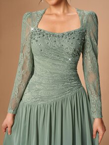 Serin Elegant Sage Green Rhinestone Beaded Lace Chiffon Sheer Ruched Draped Long Sleeve A Line Formal Autumn Wedding Guest Mother Of The Bride Evening Gown - Green - View 6
