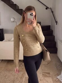Omancia 秋冬新款香檳金長袖圓領金屬鈕扣優雅時尚派對聚會女款針織套頭毛衣 - 香檳色 - 查看 5