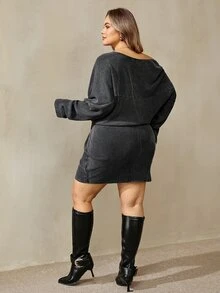 SHEIN CURVE+ Dark Grey Long-Sleeved Off-Shoulder Pleated Washed Slim-Fit Mini Dress,Asymmetrical One-Shoulder Des - Dark Grey - View 7
