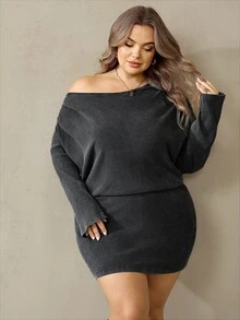 SHEIN CURVE+ Dark Grey Long-Sleeved Off-Shoulder Pleated Washed Slim-Fit Mini Dress,Asymmetrical One-Shoulder Des - Dark Grey - View 6