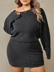 SHEIN CURVE+ Dark Grey Long-Sleeved Off-Shoulder Pleated Washed Slim-Fit Mini Dress,Asymmetrical One-Shoulder Des - Dark Grey - View 2