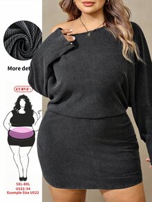 SHEIN CURVE+ Dark Grey Long-Sleeved Off-Shoulder Pleated Washed Slim-Fit Mini Dress,Asymmetrical One-Shoulder Des - Dark Grey - View 1