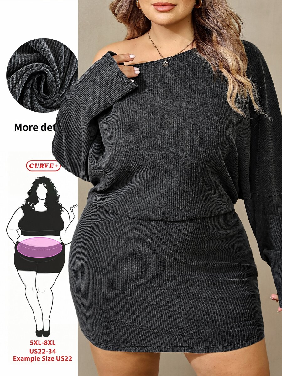 SHEIN CURVE+ Dark Grey Long-Sleeved Off-Shoulder Pleated Washed Slim-Fit Mini Dress,Asymmetrical One-Shoulder Des - Dark Grey - View 1