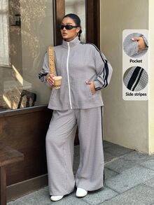 Muchica Plus Size Women's Plaid Side Stripe Zipper Front Jacket And Pants Casual 2 Pieces Set - Multicolor - View 2