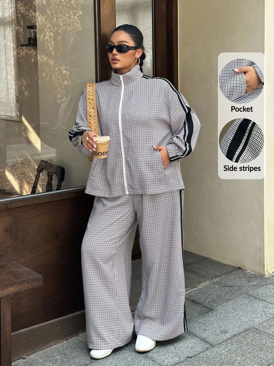 Muchica Plus Size Women's Plaid Side Stripe Zipper Front Jacket And Pants Casual 2 Pieces Set