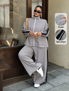 Muchica Plus Size Women's Plaid Side Stripe Zipper Front Jacket And Pants Casual 2 Pieces Set - Multicolor - View 5