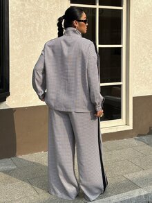 Muchica Plus Size Women's Plaid Side Stripe Zipper Front Jacket And Pants Casual 2 Pieces Set - Multicolor - View 3