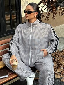 Muchica Plus Size Women's Plaid Side Stripe Zipper Front Jacket And Pants Casual 2 Pieces Set - Multicolor - View 8