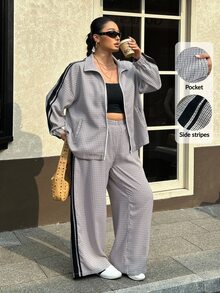 Muchica Plus Size Women's Plaid Side Stripe Zipper Front Jacket And Pants Casual 2 Pieces Set - Multicolor - View 4