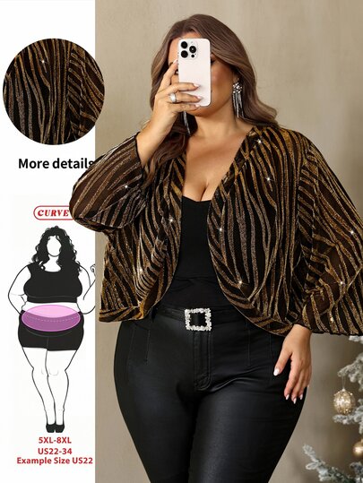 SHEIN CURVE+ Plus Size Women's Sheer Party Banquet Gathering Dinner Glittery See-Through Shawl Lightweight Jacket