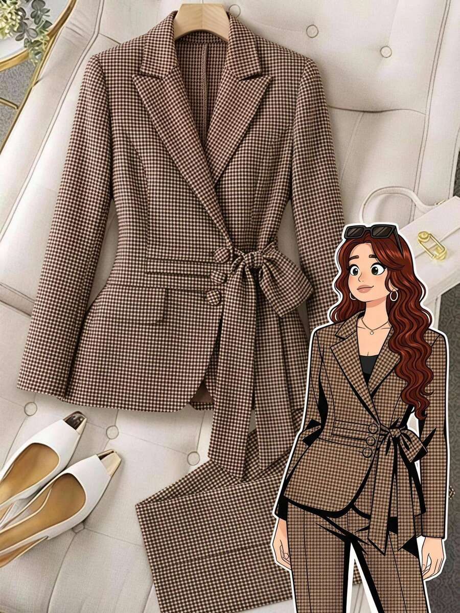 SHEIN Clasi Plus Size Houndstooth Tweed Suit Set Fall Office Dinner Formal Evening Brown Business Casual Elegant Chic Unique - Khaki - View 1
