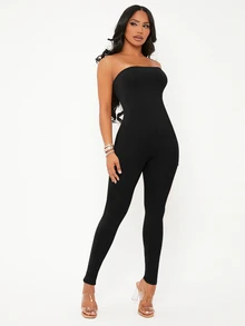 SHEIN SXY Solid Backless Tube Unitard Jumpsuit - Black - View 7