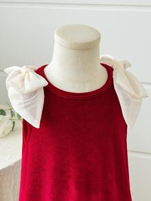 Young Girl Knitted Velvet Colorblock Patchwork Woven Solid Color Ruffle Trim 3D Bow Casual Sleeveless Dress - Multicolor - View 4