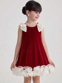 Young Girl Knitted Velvet Colorblock Patchwork Woven Solid Color Ruffle Trim 3D Bow Casual Sleeveless Dress - Multicolor - View 2