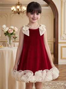 Young Girl Knitted Velvet Colorblock Patchwork Woven Solid Color Ruffle Trim 3D Bow Casual Sleeveless Dress - Multicolor - View 1