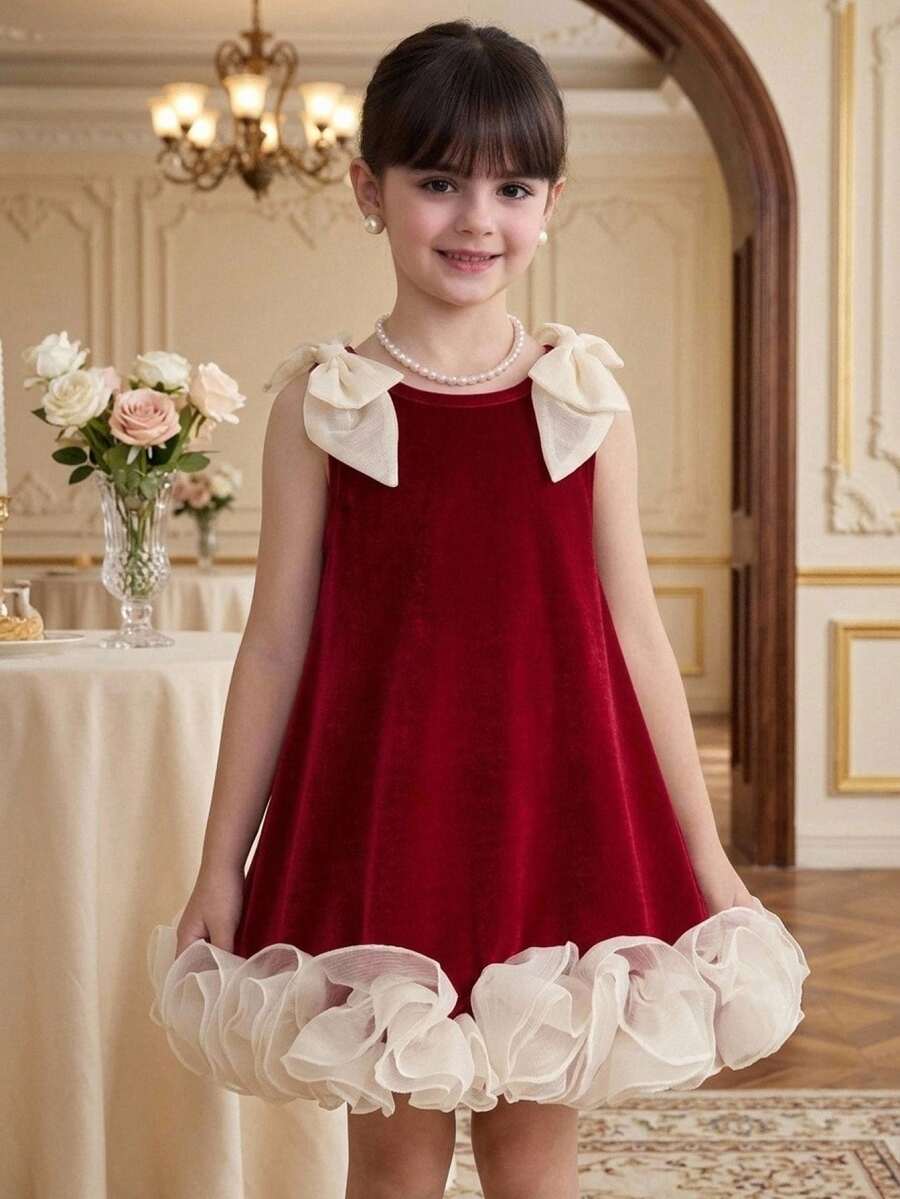 Young Girl Knitted Velvet Colorblock Patchwork Woven Solid Color Ruffle Trim 3D Bow Casual Sleeveless Dress - Multicolor - View 1