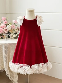 Young Girl Knitted Velvet Colorblock Patchwork Woven Solid Color Ruffle Trim 3D Bow Casual Sleeveless Dress - Multicolor - View 6