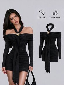 Sweetra Đầm ôm body nữ thanh lịch đính sequin, cổ yếm, trễ vai, nhún bèo - màu đen - Xem 3