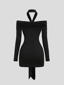 Sweetra Đầm ôm body nữ thanh lịch đính sequin, cổ yếm, trễ vai, nhún bèo - màu đen - Xem 2