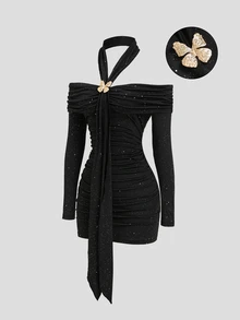 Sweetra Đầm ôm body nữ thanh lịch đính sequin, cổ yếm, trễ vai, nhún bèo - màu đen - Xem 1
