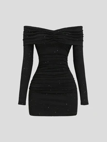 Sweetra Đầm ôm body nữ thanh lịch đính sequin, cổ yếm, trễ vai, nhún bèo - màu đen - Xem 7