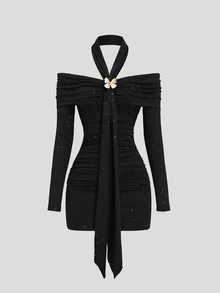 Sweetra Đầm ôm body nữ thanh lịch đính sequin, cổ yếm, trễ vai, nhún bèo - màu đen - Xem 8