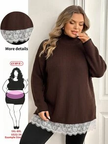 SHEIN CURVE+ Plus Size Women Lace Patchwork Casual Daily Long Sleeve Sweater Winter - Brown - View 1