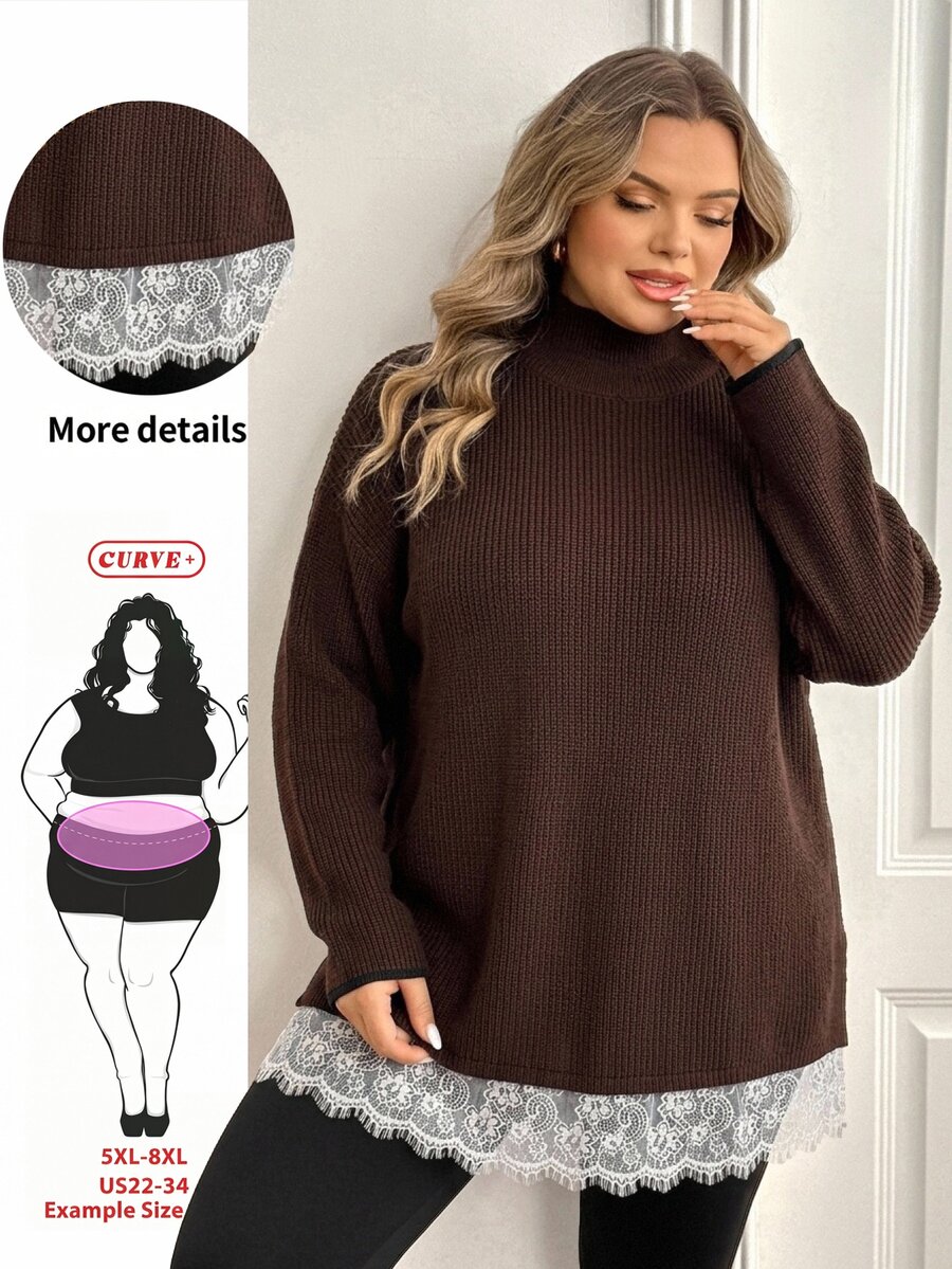 SHEIN CURVE+ Plus Size Women Lace Patchwork Casual Daily Long Sleeve Sweater Winter - Brown - View 1