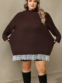 SHEIN CURVE+ Plus Size Women Lace Patchwork Casual Daily Long Sleeve Sweater Winter - Brown - View 6