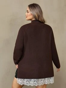 SHEIN CURVE+ Plus Size Women Lace Patchwork Casual Daily Long Sleeve Sweater Winter - Brown - View 2