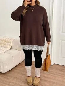 SHEIN CURVE+ Plus Size Women Lace Patchwork Casual Daily Long Sleeve Sweater Winter - Brown - View 4