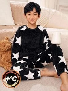 SHEIN 青少年男孩黑白五角星毛絨布料保暖內裡加厚居家服2件套，適合冬季 - 黑與白 - 查看 10