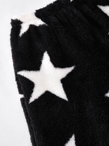 SHEIN 青少年男孩黑白五角星毛絨布料保暖內裡加厚居家服2件套，適合冬季 - 黑與白 - 查看 5