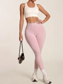 SHEIN BAE Women's Simple Fitted Sports Leggings - Baby Pink - View 4