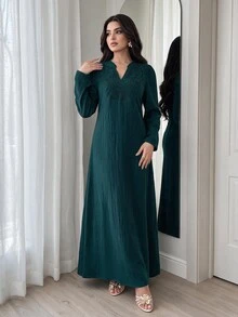 Al Najma Women's Elegant Contrast Lace V-Neck Arabic Style Dress - Blue - View 2