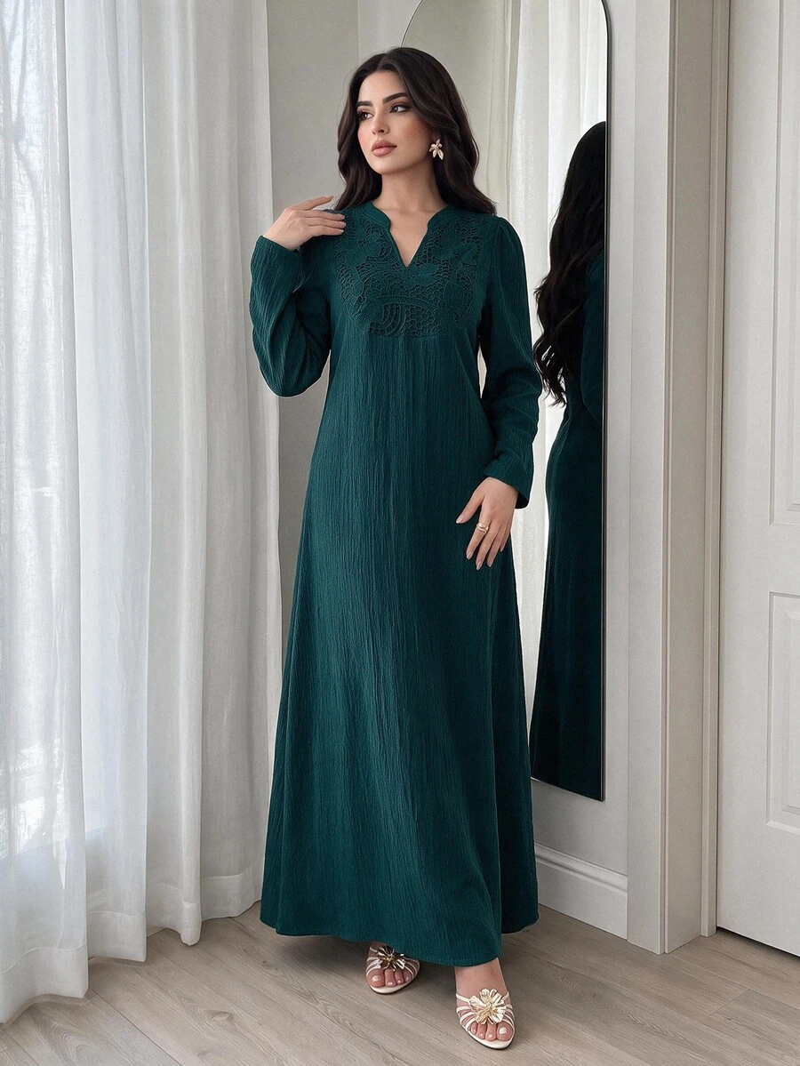 Al Najma Women's Elegant Contrast Lace V-Neck Arabic Style Dress